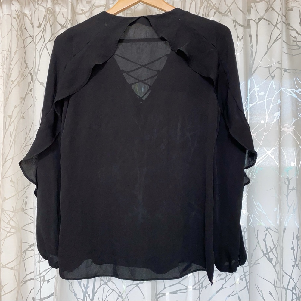KOBI HALPERIN black silk Lace Up v-neck Ruffle Trim long sleeve Blouse top - Picture 4 of 7